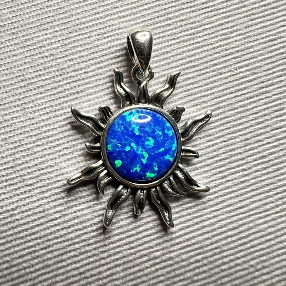 Sterling Silver Sun Pendant w/ Oxidized Finish and Blue Fire Opal 21mm Sunburst - Picture 6 of 6